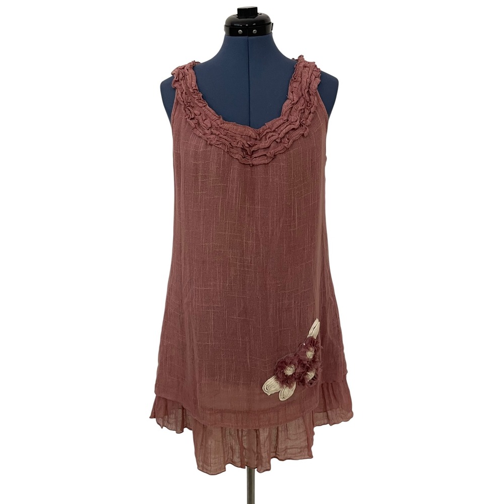 Charming Charlie Pink Cotton Gauze Ruffle 3D Floral Shift Dress Beach Fairy S